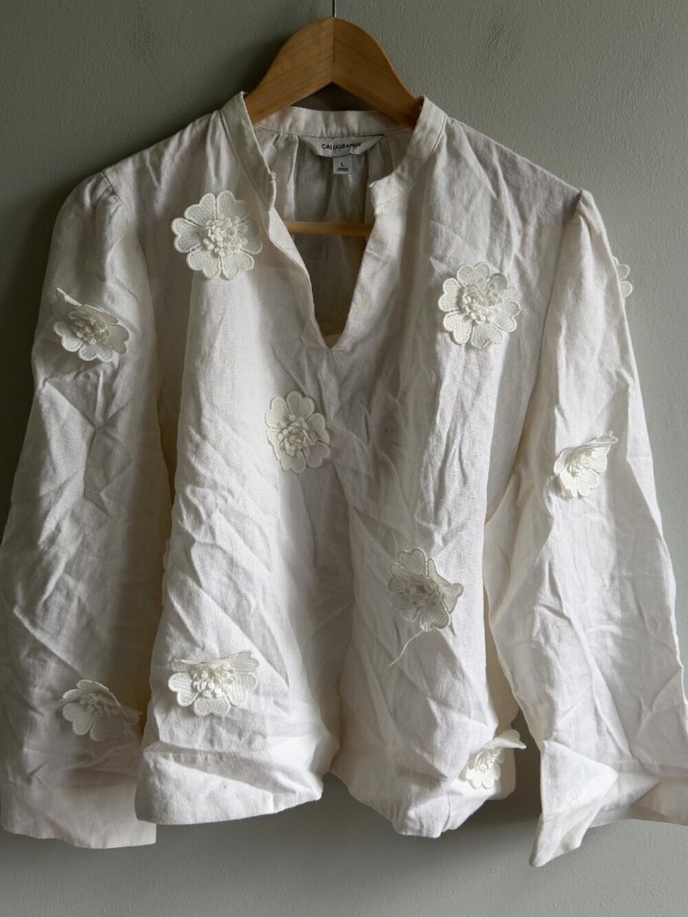 Calligraphie Floral Applique Linen Blend Blouse White Long Sleeve Large Women's
